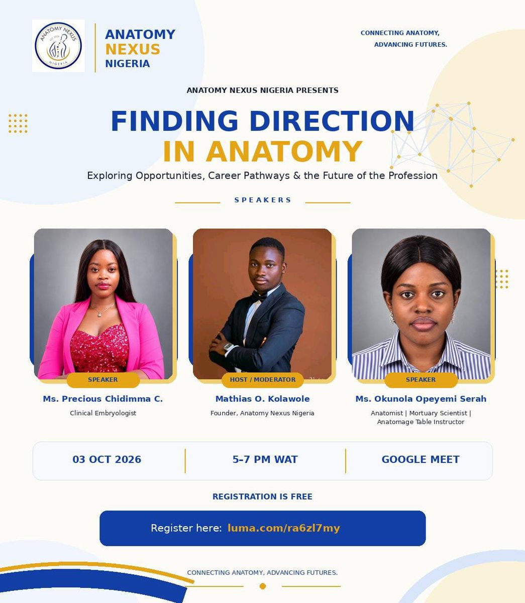 Originaldimz's tweet photo. I had the privilege of speaking at the inaugural @AnatomyNexusNig webinar, “Finding Direction in Anatomy” where I shared my journey into Clinical Embryology, what the pathway actually looks like, answered questions about the realities of working in ART... https://t.co/HMDh0lkpST