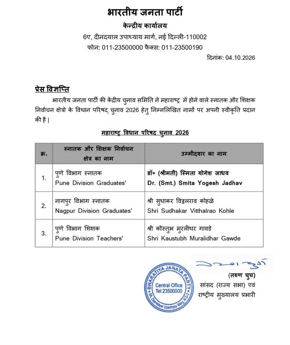 KDMahadik's tweet photo. महाराष्ट्र विधानपरिषदेच्या पदवीधर व शिक्षक मतदारसंघाच्या निवडणुकीसाठी भारतीय जनता पक्षाने जाहीर केलेल्या अधिकृत उमेदवारांचे मनःपूर्वक अभिनंदन!

पुणे विभाग पदवीधर मतदारसंघासाठी डॉ. (श्रीमती) स्मिता योगेश जाधव, नागपूर विभाग पदवीधर मतदारसंघासाठी श्री. सुधाकर विठ्ठलराव कोहळे आणि पुणे विभाग शिक्षक मतदारसंघासाठी श्री. कौस्तुभ मुरलीधर गावडे यांना मनःपूर्वक शुभेच्छा!

आपल्या सक्षम नेतृत्वातून, जनसेवेच्या भावनेतून आणि समाजाच्या विविध घटकांच्या प्रश्नांची जाण ठेवून आपण निश्चितच मतदारांचा विश्वास संपादन कराल, असा विश्वास आहे.

या निवडणुकीसाठी आपणा सर्वांना मनःपूर्वक शुभेच्छा! विजयासाठी हार्दिक शुभेच्छा! 💐

@Dev_Fadnavis @RaviDadaChavan
@BJP4Maharashtra @BJYM4MH

#BJP #Maharashtra #VidhanParishad #GraduateConstituency #TeachersConstituency #BJYM #MaharashtraPolitics