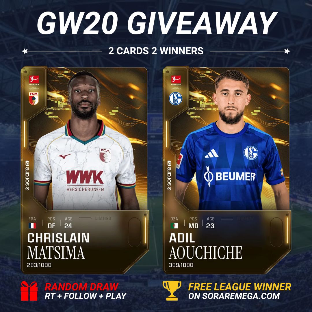 SorareMega's tweet photo. 🇩🇪 GW20 @Bundesliga_DE IN-SEASON GIVEAWAY! 🔥

2 cards. 2 winners!
Two players off to a strong start this season 💪

🏆 Free League winner → 🟨 Adil Aouchiche
🎁 Random draw → 🟨 Chrislain Matsima

To enter:
🔁 RT
👥 Follow @SorareMega
💬 Reply with your Sorare username
⚽ Play GW20 on https://t.co/OmenHf2qEG

🎲 Draw: Wednesday

@Sorare #Sorare #Sidegame #Bundesliga #FantasyFootball