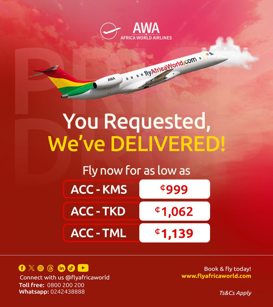 flyafricaworld's tweet photo. You Requested. We’ve Delivered! ✈️

Fly across Ghana with fares from just GH¢999! 🇬🇭

📍 Accra–Kumasi: From GH¢999
📍 Accra–Takoradi: From GH¢1,062
📍 Accra–Tamale: From GH¢1,139
Your next journey is just a booking away. Book today and Fly Africa World! ✈️
#AfricaWorldAirlines https://t.co/9nXQQlwyyt