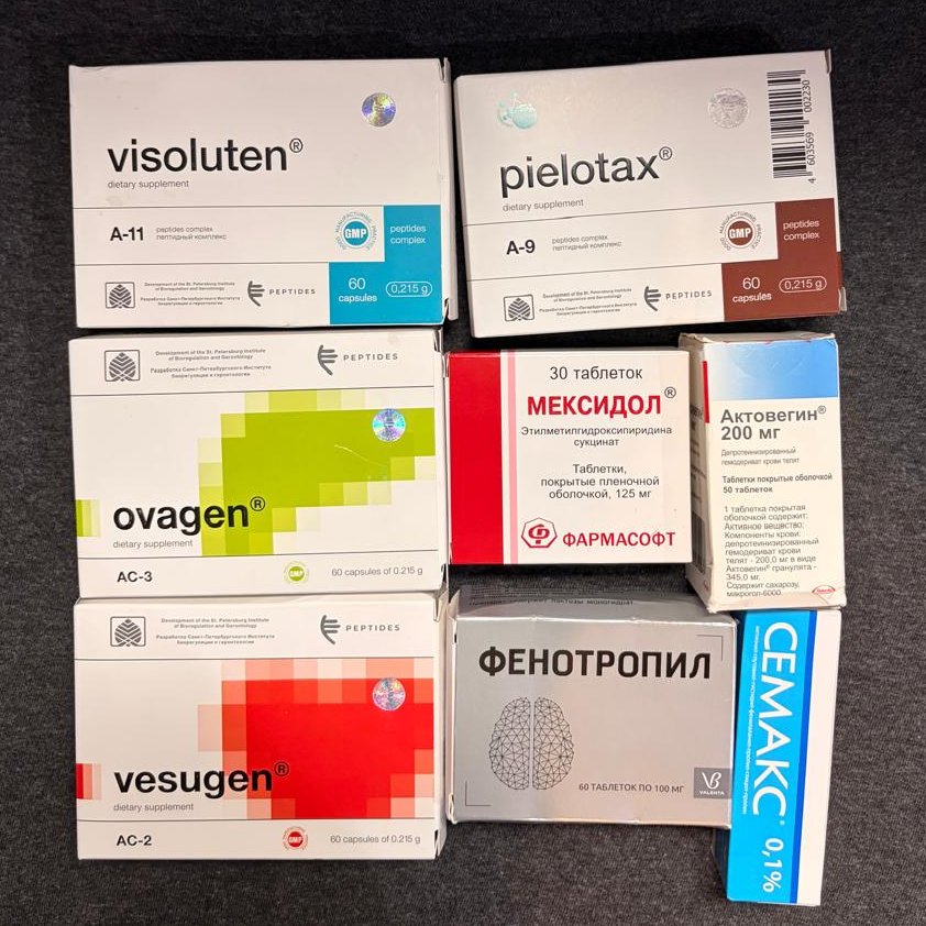 biohackerziv's tweet photo. Soviet stuff is just better. Low negatives, and it talks to the tissue instead of covering the symptom. 

A statin does not rebuild a vessel. 

An antihistamine does not retrain a mast cell. 

These do the slower thing: short peptides aimed at one organ, plus a few mitochondrial compounds that give the cell its ATP back.

Here are the ones in the photo, who they fit, and the mechanism👇

1. The rule underneath all of them.

Khavinson peptides are 2–4 amino acids, small enough to get in, and the claim is they sit on DNA in a tissue-biased way and turn aging-silenced genes back on. That is chromatin, not a receptor block. You feel it over a 10–30 day course, then you stop for months. Masking drugs you take forever. These you cycle.

The nootropics next to them are the energy layer. A peptide cannot transcribe in a mitochondrion that is out of ATP.

2. Visoluten, A-11. Eyes.

Peptide complex from retinal tissue. For the person whose vision is the thing aging first: worse night vision, screen burn, the "my eyes are older than me" complaint.

The retina has the highest metabolic rate of any tissue and almost no reserve. When complex I drags, photoreceptors die quietly. Visoluten is the signal to the retinal cell to keep its own repair program on. It does not replace a new prescription. It is the upstream nudge for the tissue the glasses are compensating for.

3. Pielotax, A-9. Kidneys.

Kidney peptide complex. Filtration, tubules, the organ that takes the hit from high blood pressure, stimulants, and a long cut.

Kidneys fail by losing specialized cells, not by "needing a detox tea." A kidney-targeted peptide complex is there to push nephron cells back toward their original gene set. 

Useful if labs are drifting, if you are on a lot of compounds the kidney has to clear, or if you just want the filter treated as an organ instead of a side effect.

4. Ovagen, AC-3. Liver.

The short peptide is Glu-Asp-Leu. Liver and gut-liver axis.

The liver is where T4 becomes T3, estrogen gets packed for excretion, and endotoxin gets caught. A sluggish liver is the root under "estrogen dominant," "can't convert thyroid," and "I flare every time I eat."

Ovagen is the hepatic version of the same idea: remind the hepatocyte what it is. Keep carbs high and sleep good or the peptide is talking to a cell with no substrate.

5. Vesugen, AC-2. Vessels.

Lys-Glu-Asp. Endothelium.

Vessels age by the lining forgetting how to keep tone, how to stop clotting, and how to limit oxidative stress. Vesugen is the endothelial-targeted tripeptide. This is the person with cold hands, a family history of vessels, or years of blood pressure that was "a bit high." It is not a nitrate. It is a gene-level note to the cell that lines the pipe.

6. Mexidol. The mitochondrial one.

Ethylmethylhydroxypyridine succinate. Two halves.

The hydroxypyridine half breaks lipid-peroxidation chains and stabilizes membranes. The succinate half is fuel for complex II. When complex I is choked by hypoxia, endotoxin, or stimulant load, succinate still feeds electrons into the chain and keeps ATP up.

This is why it reads as anti-hypoxic and oddly calming instead of stimulating. People in a cut, on a lot of sympathetic drive, or foggy after poor sleep are the fit. It is fixing the redox and the fuel inlet, not borrowing tomorrow's dopamine.

7. Actovegin. Cellular fuel uptake.

Deproteinized calf-blood extract. The used claim is more glucose and oxygen into the cell under low-oxygen conditions, which is a mitochondrial problem seen from the substrate side.

Fit: heavy training, brain fog that tracks with under-eating, slow recovery. It does not create a neurotransmitter spike. It tries to make the existing mitochondria less starved.

8. Phenotropil. The sharp one.

Phenylpiracetam. A phenyl ring on the piracetam core, so it actually crosses and it actually stimulates. Dopamine and noradrenaline tone go up, NMDA signaling is in the mix, and cold tolerance goes up with it.

This one is closer to a tool than a restorer. Use it for a work block or a meet, not every day.

9. Semax 0.1%. The attention peptide.

A fragment of ACTH, Met-Glu-His-Phe-Pro-Gly-Pro, used as nasal drops. It raises BDNF and NGF signaling and sharpens focus without being a classic stimulant. Enkephalinase inhibition is part of why mood holds.

Fit: the person whose "ADHD" is really a tired cortex, not low Dopamine. It supports the growth factors the neuron uses to keep its synapses.