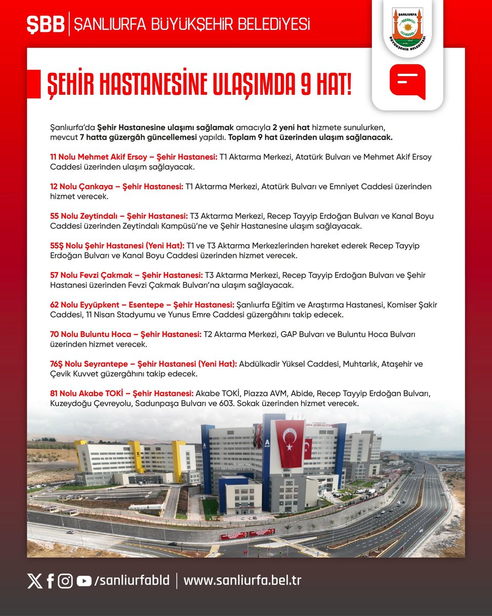 sanliurfabld's tweet photo. ŞANLIURFA ŞEHİR HASTANESİ’NE ULAŞIMDA 9 HAT HİZMET VERECEK

Şanlıurfa’da Şehir Hastanesine ulaşımı sağlamak amacıyla 2 yeni hat hizmete sunulurken, mevcut 7 hatta güzergâh güncellemesi yapıldı. Toplam 9 hat üzerinden ulaşım sağlanacak.

Yeni hatlar ve düzenlemeler 5 Ekim Pazartesi gününden itibaren hizmet vermeye başlayacaktır.

11 Nolu Mehmet Akif Ersoy – Şehir Hastanesi: T1 Aktarma Merkezi, Atatürk Bulvarı ve Mehmet Akif Ersoy Caddesi üzerinden ulaşım sağlayacak.

12 Nolu Çankaya – Şehir Hastanesi: T1 Aktarma Merkezi, Atatürk Bulvarı ve Emniyet Caddesi üzerinden hizmet verecek.

55 Nolu Zeytindalı – Şehir Hastanesi: T3 Aktarma Merkezi, Recep Tayyip Erdoğan Bulvarı ve Kanal Boyu Caddesi üzerinden Zeytindalı Kampüsü’ne ve Şehir Hastanesine ulaşım sağlayacak.

55Ş Nolu Şehir Hastanesi (Yeni Hat): T1 ve T3 Aktarma Merkezlerinden hareket ederek Recep Tayyip Erdoğan Bulvarı ve Kanal Boyu Caddesi üzerinden hizmet verecek.

57 Nolu Fevzi Çakmak – Şehir Hastanesi: T3 Aktarma Merkezi, Recep Tayyip Erdoğan Bulvarı ve Şehir Hastanesi üzerinden Fevzi Çakmak Bulvarı’na ulaşım sağlayacak.

62 Nolu Eyyüpkent – Esentepe – Şehir Hastanesi: Şanlıurfa Eğitim ve Araştırma Hastanesi, Komiser Şakir Caddesi, 11 Nisan Stadyumu ve Yunus Emre Caddesi güzergâhını takip edecek.

70 Nolu Buluntu Hoca – Şehir Hastanesi: T2 Aktarma Merkezi, GAP Bulvarı ve Buluntu Hoca Bulvarı üzerinden hizmet verecek.

76Ş Nolu Seyrantepe – Şehir Hastanesi (Yeni Hat): Abdülkadir Yüksel Caddesi, Muhtarlık, Ataşehir ve Çevik Kuvvet güzergâhını takip edecek.

81 Nolu Akabe TOKİ – Şehir Hastanesi: Akabe TOKİ, Piazza AVM, Abide, Recep Tayyip Erdoğan Bulvarı, Kuzeydoğu Çevreyolu, Sadunpaşa Bulvarı ve 603. Sokak üzerinden hizmet verecek.