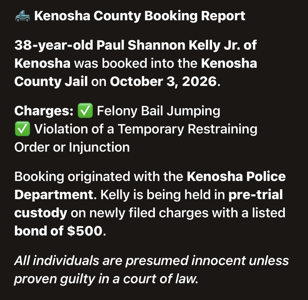 KenoshaRising's tweet photo. KELLY, PAUL SHANNON Junior
✨⭐️✨⭐️✨⭐️✨⭐️✨⭐️✨⭐️

📍 #KenoshaCounty #KenoshaWI 🚔 #JailBooking 📰 #LocalNews ⚖️ #CommunityUpdate
👮‍♀️#KenoshaPD

https://t.co/gPJKqHbZWd https://t.co/eG4KR61HQy