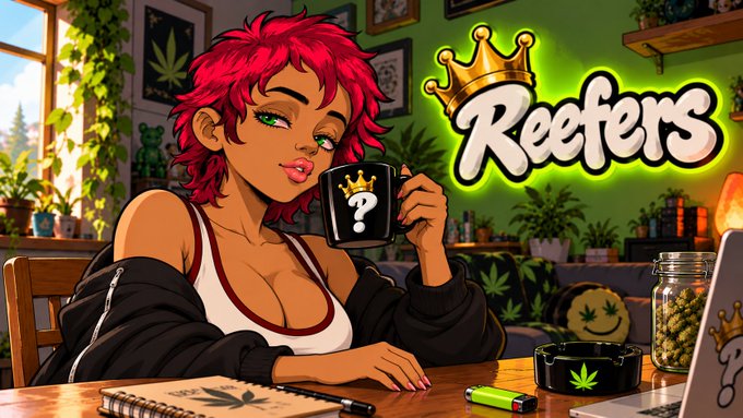 An illustrated logo featuring a woman with pink hair holding a mug, alongside stylized text reading 'Reefers' with a crown.