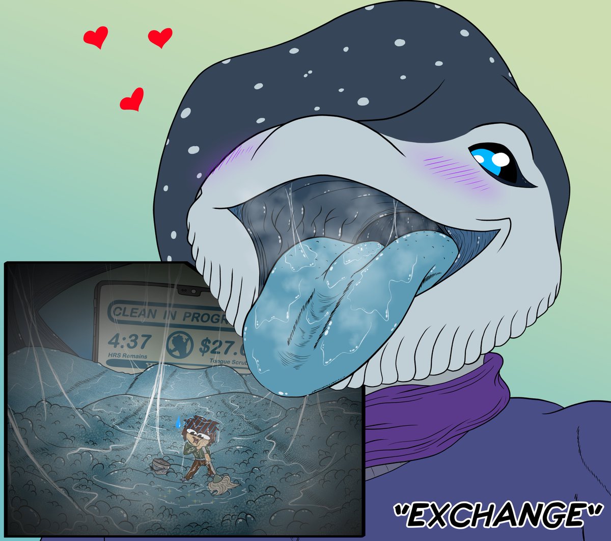 Mesa1236's tweet photo. #VORETOBER DAY 4: Exchange

Being a professional tongue scrubber can have it's tough days, especially when you find out the client is WAY bigger than you realised. Looks like Whimsey is gonna be holding onto our mint for a long while~

Whimsey Belongs To: @/thegreedler BluSky https://t.co/qFylJjWADT