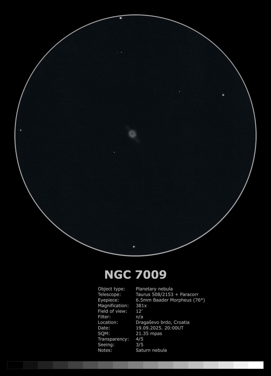 DeepskyLog's tweet photo. As new #deepskylog sketch of the week, we selected this sketch of the Planetary nebula NGC 7009 in Aquarius by Vedran Vrhovac.
More information can be found here:
https://t.co/FRejIvuY59
#sketch #sketchoftheweek #deepsky #astronomy #deepskydrawing #sketches https://t.co/35XPHAIHuw
