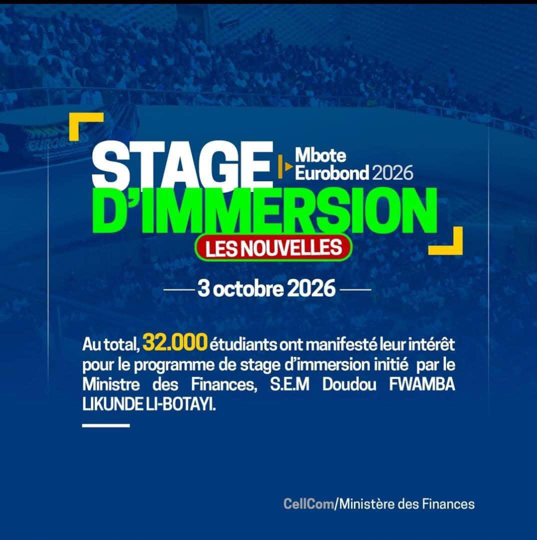 KankuSipamba's tweet photo. STAGE D'IMMERSION - MINISTÈRE DES FINANCES 3 OCTOBRE 2026

Avec 32 000 candidatures enregistrées pour 200 places initialement prévues, la jeunesse kinoise a massivement répondu à l'appel. Au final, 250 étudiants ont été retenus sur base de l'ordre d'arrivée de leur candidature, comme annoncé.
Portée par S.E.M. Doudou Fwamba @LikundeR Li-Botayi, Ministre des Finances, cette initiative vise à connecter la jeunesse à l'administration et à lui faire découvrir de l'intérieur la gestion des finances publiques.
Elle matérialise la vision du Chef de l'État, S.E.M. Félix-Antoine Tshisekedi Tshilombo, qui fait de la formation de la jeunesse et de la performance de l'État une priorité. Une vision mise en œuvre sous le leadership de la Première Ministre, S.E. Mme @SuminwaJudith Tuluka. Après un passage à l'École Nationale des Finances, les lauréats seront immergés au sein des directions du Ministère. Parce que préparer la jeunesse à servir l'État aujourd'hui, c'est garantir l'avenir de la #RDC.

Félicitations aux 250 retenus. Prochain rendez-vous en décembre 2026.