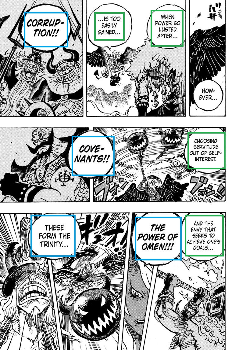 ImuofNerona's tweet photo. @Cef_44 @VoidLoki04 @deauxpii Imu literally says these form the trinity
The panel frames all three as belonging to the same category with a human quality, so the line can't just apply to Omen.
Sommer's words has to mean more because it can create the 19 weapons and make Imu gigantic. That's not just evil Haki https://t.co/6XZZ8NH6AX