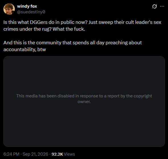 windyfoxz's tweet photo. Hi @ZugamiOG, why did you DMCA a clip of me criticizing you over a conversation where you were discussing your friend's sex crimes and dismissing them as "complicated"

If you stand by what you said, why not address the criticism publicly instead of trying to silence it? https://t.co/ZW8mMdRP6A