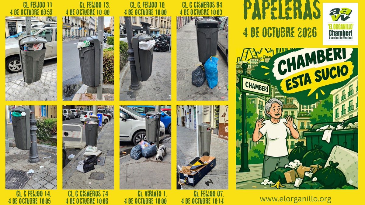 ElOrganillo's tweet photo. Las papeleras de Chamberí rebosan basura por falta de frecuencia en la recogida. 🛑🗑️ 
Este 4 de octubre, bolsas en el suelo y los residuos acumulados inundan las aceras:
📍 Cl. Feijoo 11, 13, 10, 14 y 07
📍 Cl. C. Cisneros 84 y 74
📍 Cl. Viriato 1
Cc: @MADRID
#ChamberiEstaSucio https://t.co/dvwxdsr4EB