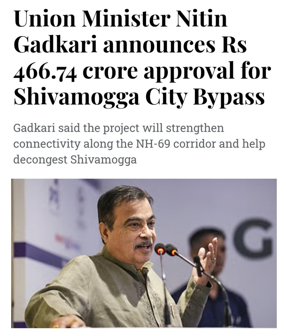 bhakti_Shaktii's tweet photo. Vision backed by action. Nitin Gadkari Ji’s Rs 466.74 crore approval for the Shivamogga City Bypass will improve NH-69 connectivity, reduce city congestion and create smoother movement for people and goods. A meaningful boost to infrastructure and development. https://t.co/OD1bxedNU1