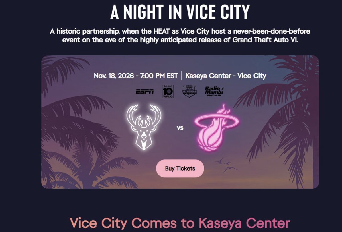 GTA6Digest's tweet photo. GTA VI is teaming up with the Miami Heat 

On November 18, the team will face the Milwaukee Bucks in special GTA VI-inspired jerseys - and for one night, they’ll even become the Vice City Heat

The game will take place at Kaseya Center, where a "Welcome to Vice City" sign recently appeared

A special GTA VI-themed court will also be built for the game