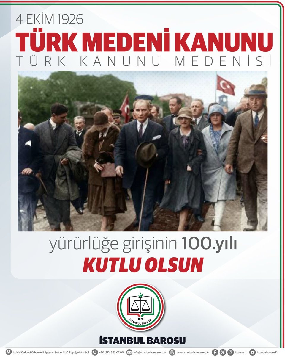 istbarosu's tweet photo. 4 Ekim 1926'da kabul edilen Türk Medeni Kanunu ile Türkiye Cumhuriyeti yurttaşlık hukukunun temellerinin atıldığı ve kadın-erkek eşitliğinin yasal statüye kavuşturulduğu yeni bir çağa girmiştir.

İsviçre Medeni Kanunu’ndan iktibas edilerek 17 Şubat 1926’da kabul edilen ve 4 Ekim 1926’da yürürlüğe giren 743 sayılı Türk Kanun-ı Medenîsi, laiklik ilkesi doğrultusunda dini hukuk kurallarının yerine çağdaş ve evrensel hukuk ilkelerini ikame etmiştir.

Kadın hakları açısından çağının ilerisinde olan ve devrim niteliği taşıyan Türk Medeni Kanunu ile tek eşlilik ilkesinden kadınların miras ve velayet haklarına kadar birçok hak ilk kez öngörüldü.

Günümüzde kadına yönelik sistematikleşen şiddet ve Medeni Kanunumuzun getirdiği kazanımları ihlal eden her türlü eylem ve işleme karşı, başta Türk Medeni Kanunu olmak üzere Cumhuriyet'in kazanımlarını kararlılıkla savunmaya devam edeceğiz.