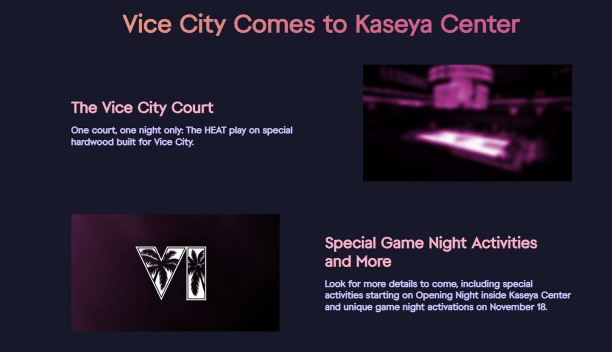 GTA6Digest's tweet photo. GTA VI is teaming up with the Miami Heat 

On November 18, the team will face the Milwaukee Bucks in special GTA VI-inspired jerseys - and for one night, they’ll even become the Vice City Heat

The game will take place at Kaseya Center, where a "Welcome to Vice City" sign recently appeared

A special GTA VI-themed court will also be built for the game