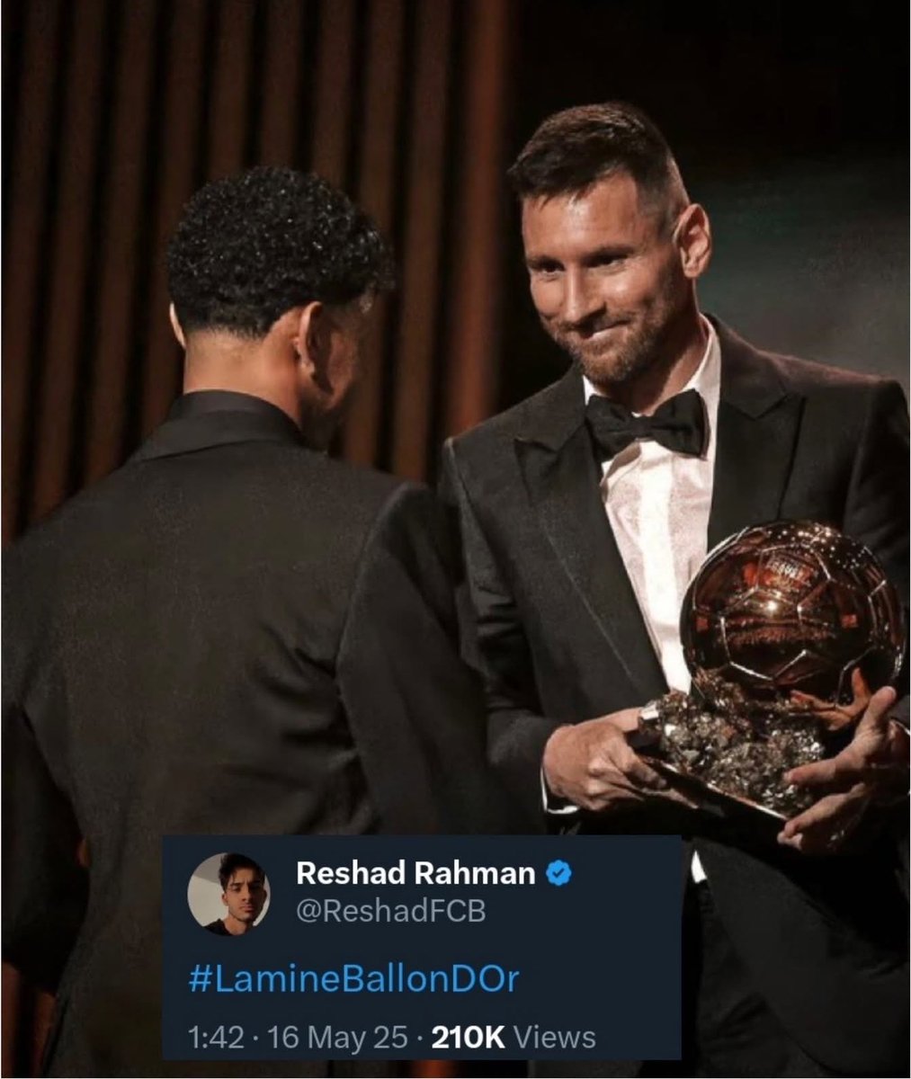FullTime90X's tweet photo. 🚨🇦🇷 Lionel Messi:

🗣️ “If Lamine Yamal is going to win this year’s Ballon d’Or, I want to be the one handing the award to him. 🐐🔵🔴

🗣️ “I have already conveyed my wish to France Football, and they have agreed to it.” 👀🏆 https://t.co/s6esqqxOMO