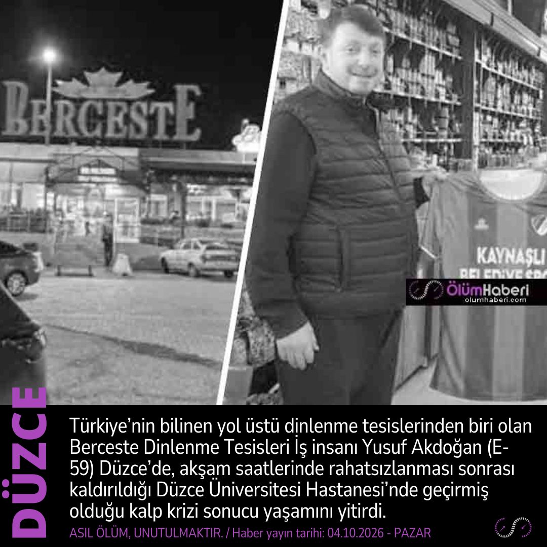 OlumHaberi's tweet photo. İş insanı Yusuf Akdoğan (E-59) Düzce’de, kalp krizi sonucu yaşamını yitirdi.
https://t.co/zWpcyHqF8r
#YusufAkdogan #Duzce #kalpkrizi #vefat #cenaze #Berceste https://t.co/bffy1jYvMO