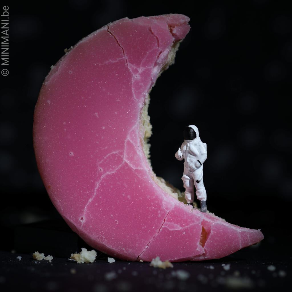 MINIMANI_be's tweet photo. One small step for an astronaut. One suspicious bite out of the moon. Space exploration gets tricky when the landscape looks like dessert. #MiniaturePhotography #SpaceHumor #SweetTooth minimani.​be/2026/02/21/a-moon-with-a-bite/ https://t.co/9h4q9hU8JW