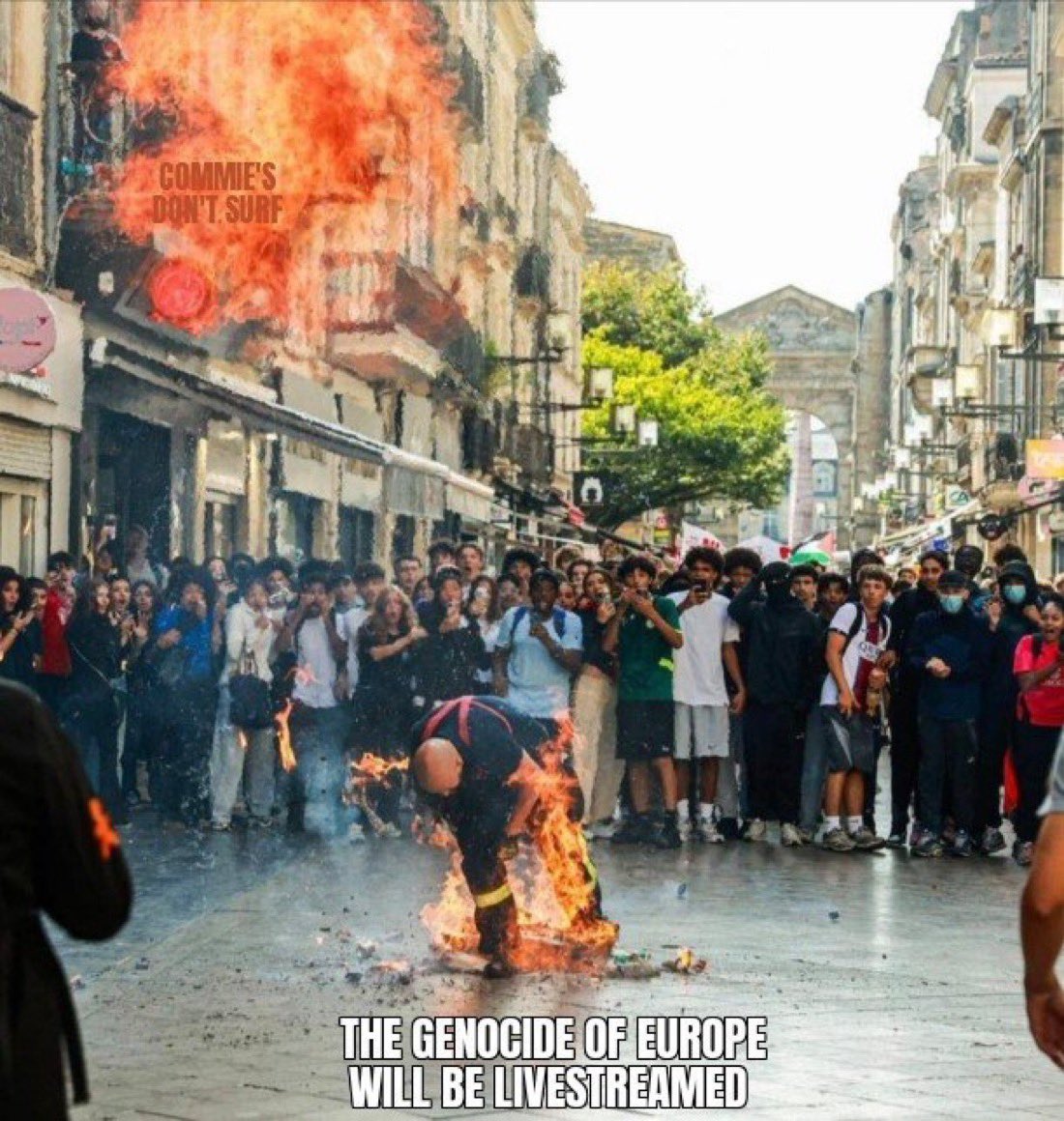 RealAlexJones's tweet photo. Imagine if packs of thousands of white people were hunting down brown people in the streets what would happen?

Whites are being beaten to death across France. We are now in day five of a massive anti-white uprising. Innocent men, women and children are having their throats slit, police are being lynched, women’s faces are being burned off with blow torches.

This is all part of the planned replacement migration White genocide operation..