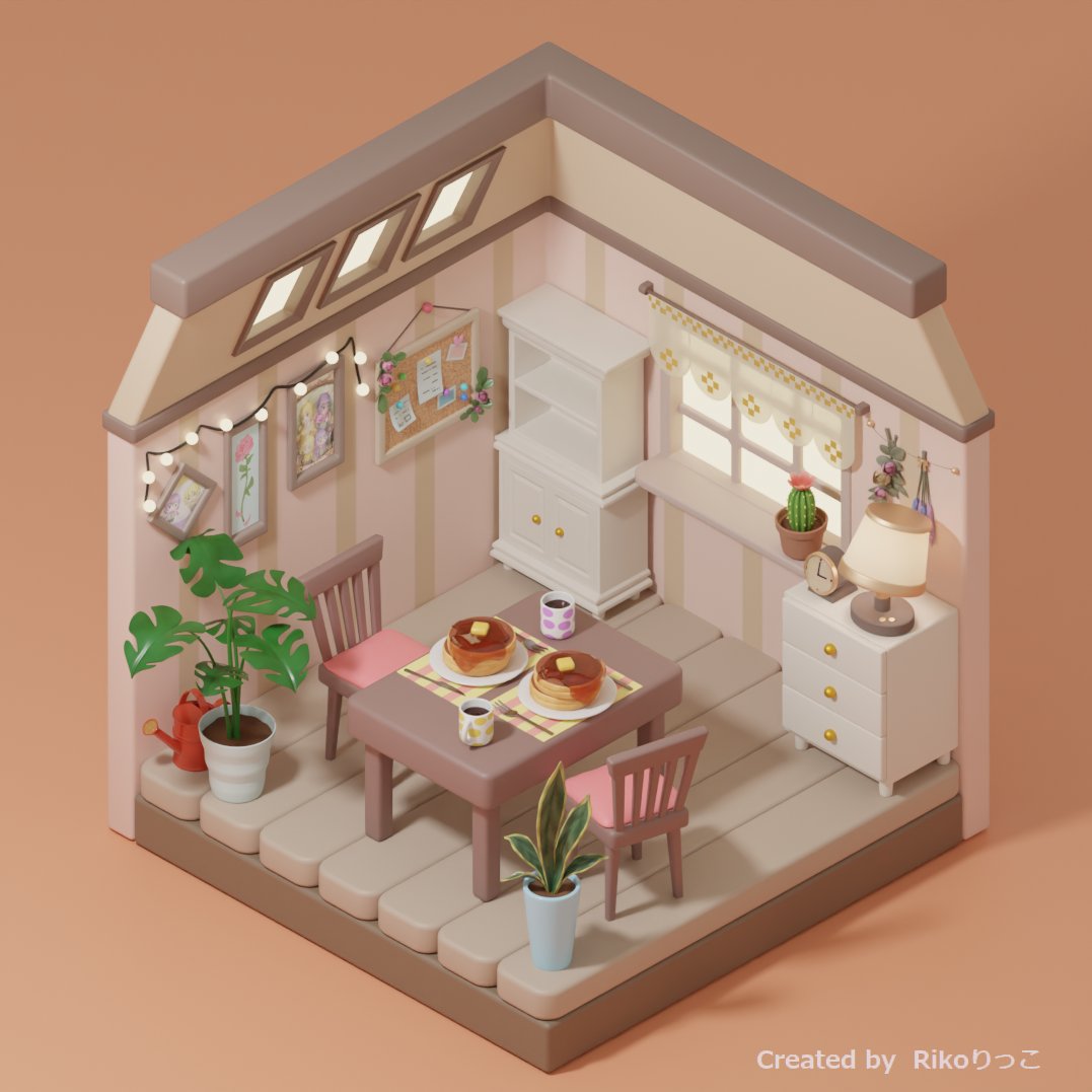 Rikorikkobbb's tweet photo. ここしばらくはミニチュア風ルーム制作に勤しんでいます
4枚目は参考イラスト（自分で描いた
＃Blender ＃b3d ＃3dcg https://t.co/PP4dgcoFQj