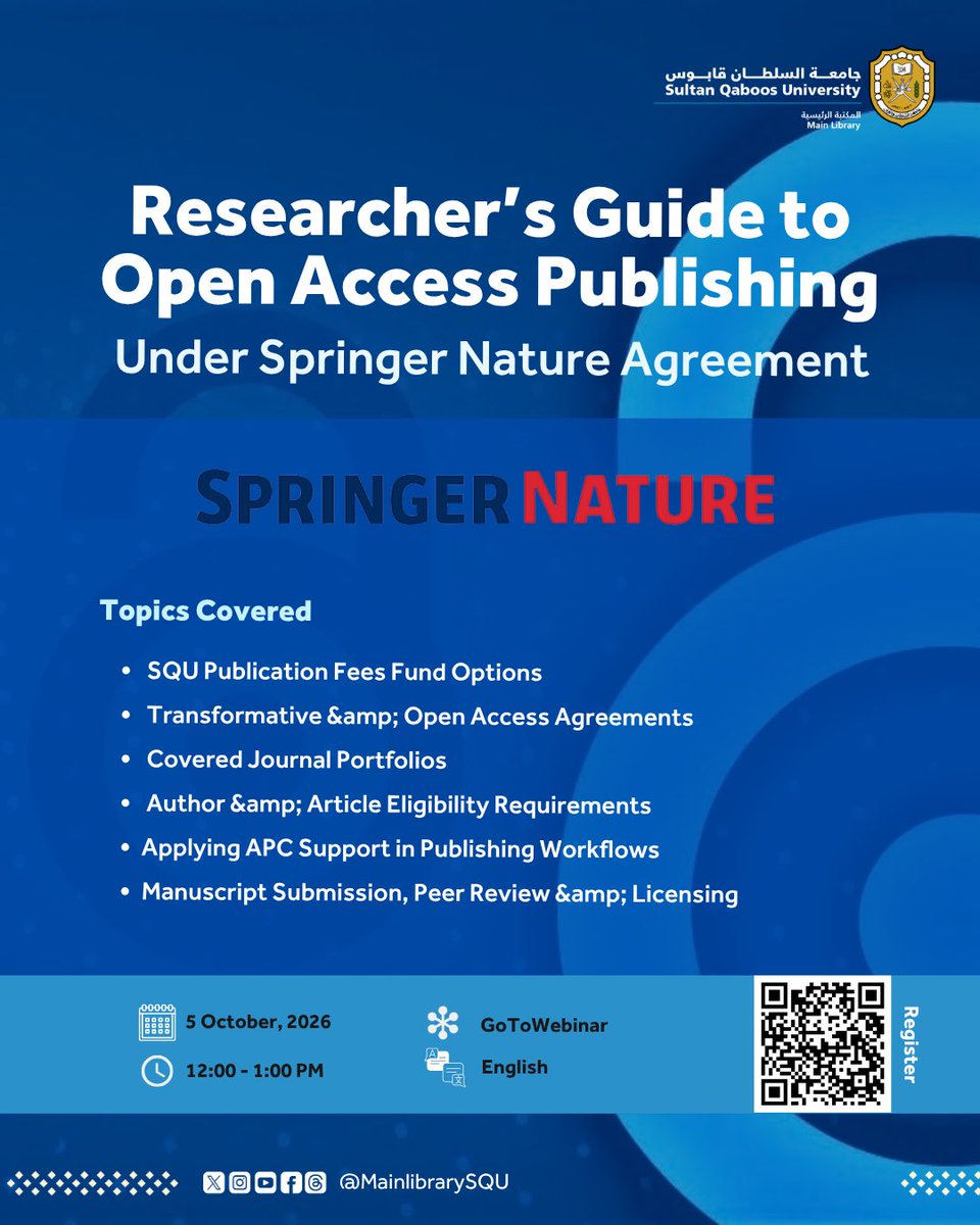 MainLibrarySQU's tweet photo. Join us for an informative webinar on Open Access Publishing and discover the opportunities available through Sultan Qaboos University’s agreement with Springer Nature. 📚🔓

Register now 🔗

https://t.co/VJHsZgdiN2

#mainlibrary https://t.co/rdRB4yLa3V