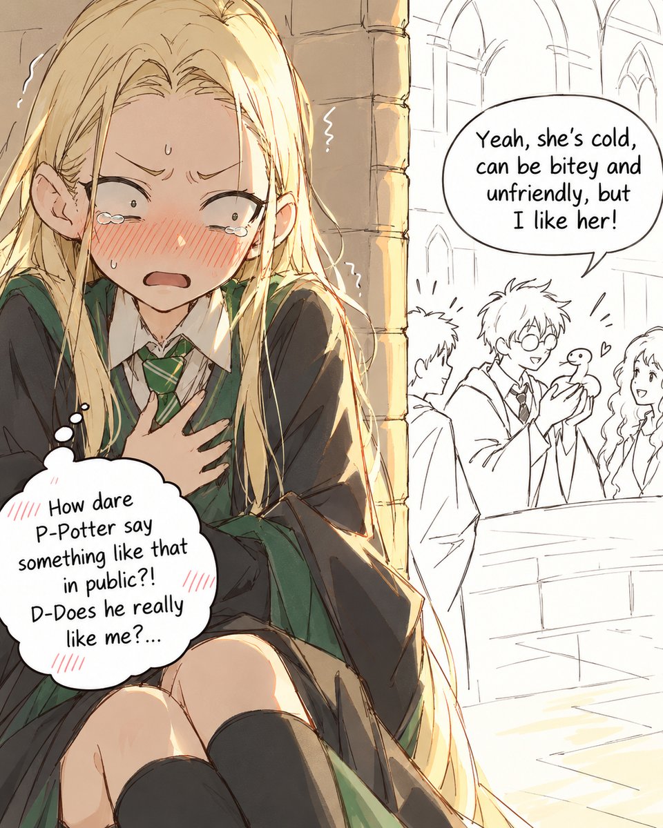 ArchieS84955476's tweet photo. My brain is cooked on Malfoid, like her on Potter. Which is better? Such art or something more dramatic? https://t.co/3TZNd6tpFa