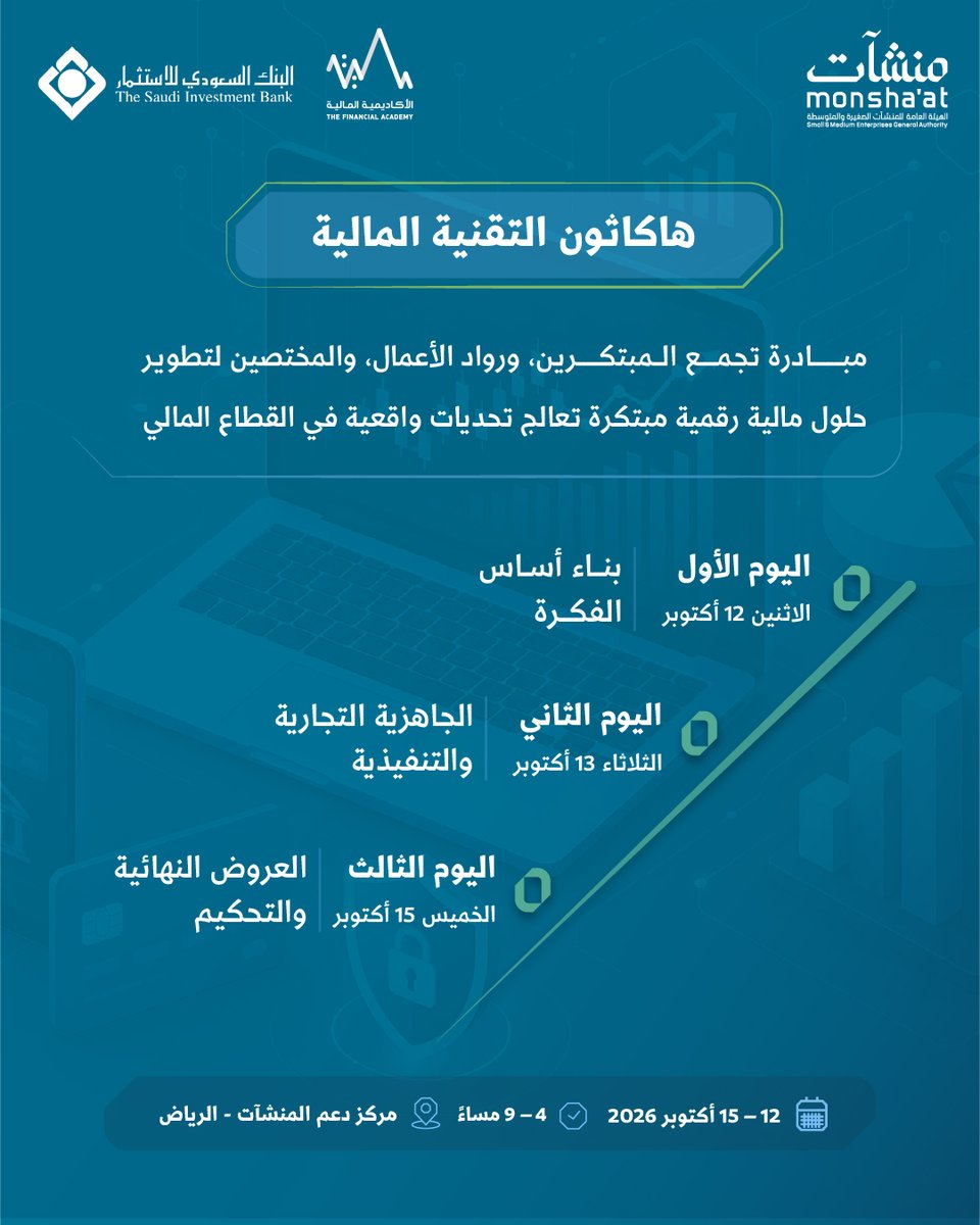MonshaatSA's tweet photo. استكشف فرص الابتكار في قطاع التقنية المالية، وطوّر فكرتك من خلال "هاكاثون التقنية المالية" الذي تنظمه "منشآت" بالشراكة مع @SAIBLIVE و@thefaksa؛ للاستفادة من الخبرات والإرشا�� المتخصص، والعمل على الأفكار وتطويرها خلال مراحل الهاكاثون.