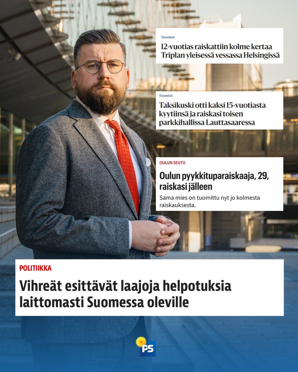 SebastianTyne's tweet photo. Uutisia Suomesta kuluneelta viikolta.

Tekijöitä: Muhammed, Ahmed, Nahom ja kumppanit. 

Onpa yllättävää. 

Mutta eiköhän tässäkin syntipukiksi löydetä suomalaisten rasistinen asenne.

On sanomattakin selvää, etteivät nämä ole mitään ”yksittäistapauksia”. On siis turhaa selittää, että naisvihan lisäksi kulttuurilla tai uskonnolla ei olisi mitään tekemistä näiden hirmutekojen kanssa.

Saimme tällä samalla viikolla Vihreiltä ratkaisun maahanmuuttoon, he nimittäin toivottaisivat näitä tervetulleeksi Suomeen kaksin verroin. 

Perussuomalaiset on ainoa puolue, jotka ajavat Suomen maahanmuuttopolitiikkaa kaidalle tielle ja antaisivat näille samantien lähtöpassit.