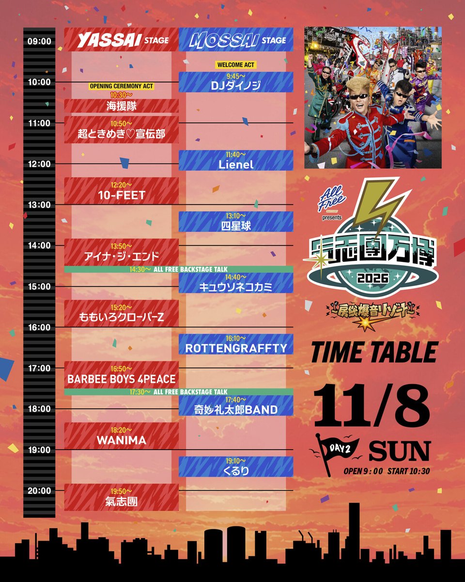 ShowAyanocozey's tweet photo. ◤￣￣￣￣￣￣￣￣￣￣￣￣￣￣◥
   世界初！ヤンキーテーマパーク！
               氣志團万博2026
            〜房総爆音リゾート〜
◣＿＿＿＿＿＿＿＿＿＿＿＿＿＿◢

サントリー オールフリー presents
『氣志團万博2026〜房総爆音リゾート〜』
開催します!!

🗓️11月7日（土）＆11月8日（日）
📍千葉県･幕張メッセ 4-7ホール

ガラスの足袋で逢いに来て。
かぼちゃの族車で連れて行く。
そう、ピリオドの向こうへ。
ドブネズミ達の楽園で君を待ってる。
奇跡しか起こさない。

🎫チケットのお求めはこちら▼
（※ 18歳以下は「青春18入場券」があるよ！小学生以下は無料だよ！）
https://t.co/bALYnuLdQE

🔗詳＆細▼
https://t.co/sstadYgDLO