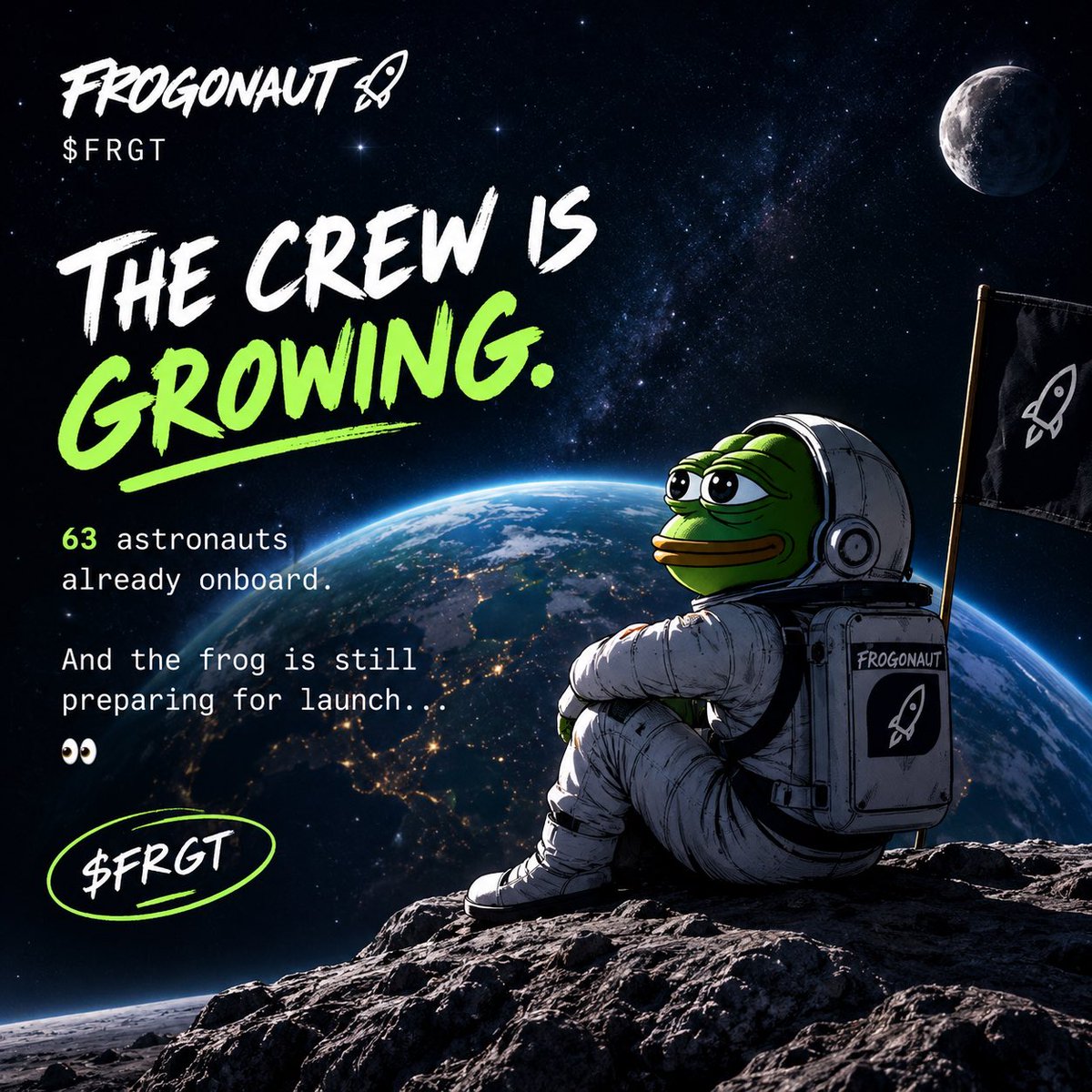 Frogonautssol's tweet photo. The crew is growing. 🐸🚀

63 astronauts already onboard.

And the frog is still preparing for launch… 👀

$FRGT 🌕

https://t.co/kcMofuxjul https://t.co/BcaC6ujP8G