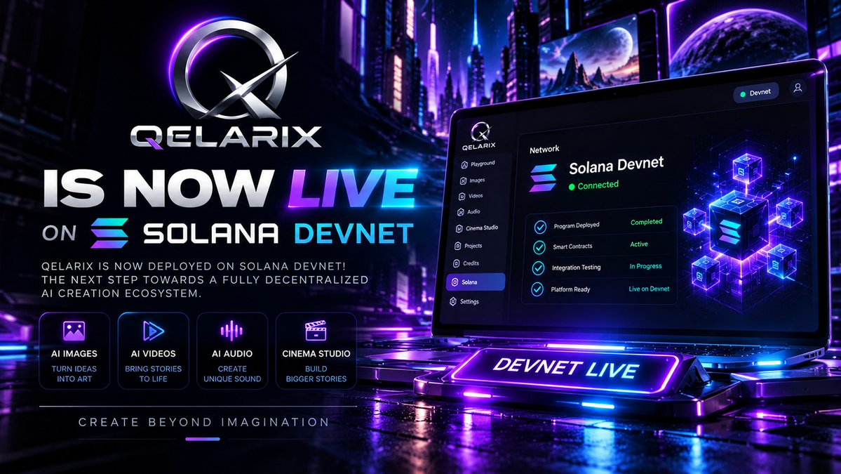 qelarix's tweet photo. QELARIX IS NOW LIVE ON SOLANA DEVNET  🎉🎉

Today marks a major milestone in our journey.

This is more than a deployment it’s the foundation for the next generation of AI creation.

Over the coming weeks, we’ll continue testing, refining, and expanding the protocol as we move toward mainnet.

Every milestone brings us closer to our vision:

Create beyond imagination.

Welcome to the next chapter of Qelarix.

⚡ QELARIX × SOLANA

#Solana #BuildOnSolana #AI #GenerativeAI #BuildInPublic #Web3 #Crypto #Tech #Innovation #Qelarix
