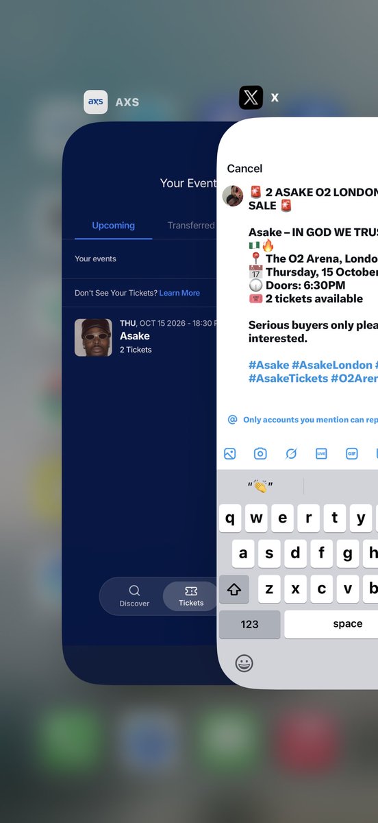 eveee_x's tweet photo. 🚨 2 ASAKE O2 LONDON TICKETS FOR SALE 🚨

Asake – IN GOD WE TRUST WORLD TOUR 🇳🇬🔥
📍 The O2 Arena, London
📅 Thursday, 15 October 2026
🕡 Doors: 6:30PM
🎟️ 2 tickets available

Serious buyers only please. DM me if interested.

#Asake #AsakeLondon #AsakeO2 #AsakeTickets #O2Arena 👏 https://t.co/fpVApJVUjr