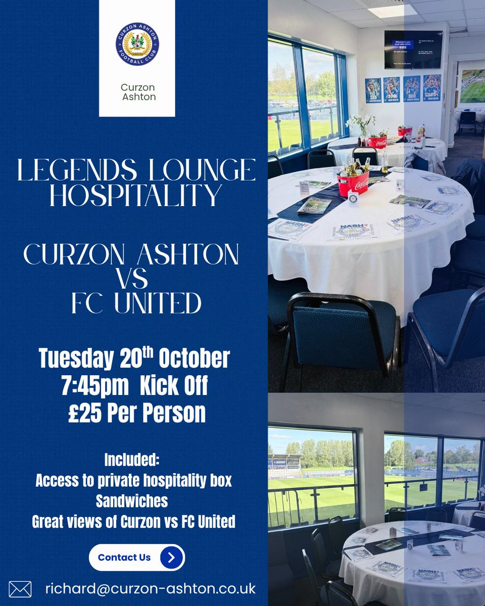 CurzonAshton's tweet photo. 🥂 Make match day extra special by joining us in the Legends Lounge for our match vs FC United!

To book your place or to find out more information please contact richard@curzon-ashton.co.uk

#BackTheNash | #TheNextStepTogether https://t.co/2Pm2wlrybH