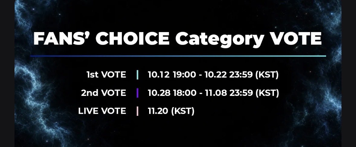 txt_voteJP's tweet photo. 🔔お知らせ/ 2026 MAMA AWARDS

🗳️FAN'S CHOICE部門の投票期間が
発表されました

🗓️投票スケジュール
1次投票: 10/12 19:00〜10/22 23:59まで
2次投票: 10/28 18:00〜11/8 23:59まで
LIVE投票: 11/20(授賞式1日目/時間未発表)

🔗公式ページ
https://t.co/jIlGYMcVfX

投票詳細が発表されましたら改めてお知らせします
Mnet+アプリのアカウントをご準備ください

#MOAisONE
#TOMORROW_X_TOGETHER