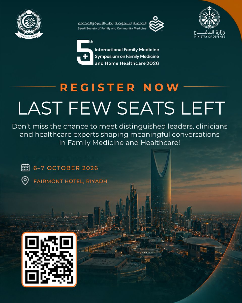 MCIAlRowad's tweet photo. Last few conference seats for ICFM 2026. Online registration closes at midnight on 5 October.

12 accredited CME hours.

6-7 October | Fairmont Hotel, Riyadh
Register: https://t.co/2DveBJuQRT https://t.co/UTbim5RcH0