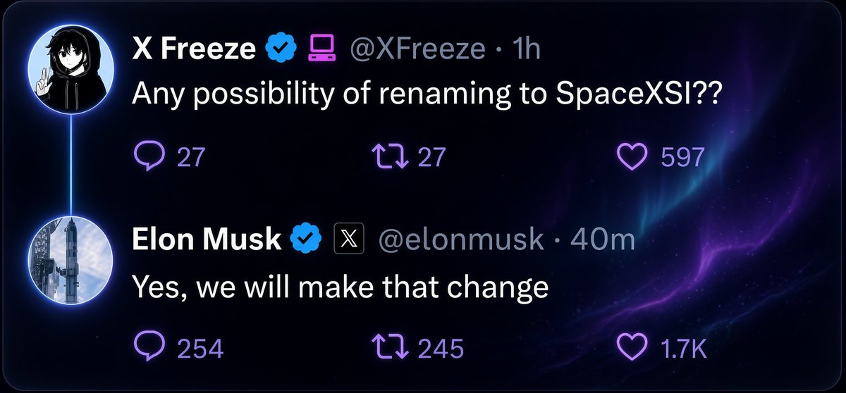 mark_k's tweet photo. Elon Musk just announced that @SpaceXAI will be renamed to SpaceXSI, reflecting the shift from "Artificial Intelligence" to "Super Intelligence."

AI → SI.

And now the company name is following suit. 🔥 https://t.co/SlTagFH4z5