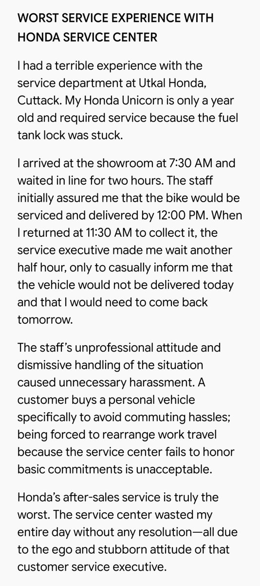 Udit_odisha's tweet photo. @honda2wheelerin PLEASE Don't buy HONDA 2 wheelers, WORST AFTER SALES SERVICES BY UTKAL HONDA, CUTTACK, ODISHA.Waited hours for a minor fuel lock issue on my 1yr old Unicorn,promised delivery by noon, only to be refused at the last minute due to an executive's ego.
@honda2wheelerin https://t.co/fmoVANG2os