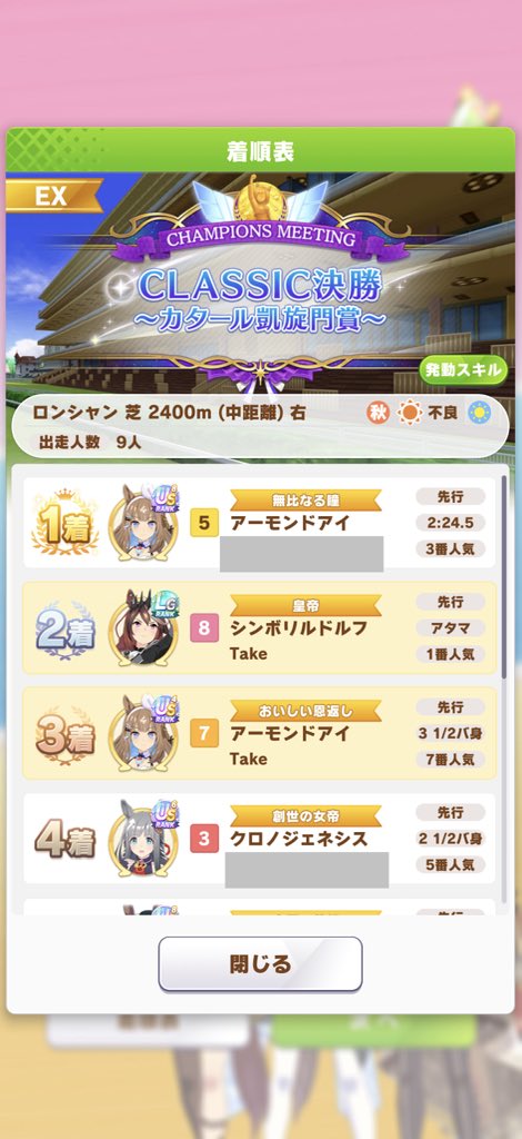 take_bek2's tweet photo. チャンミ結果
追い比べで負けました。
育成回数少ない割にようやったわ https://t.co/Lw7JR78S1p