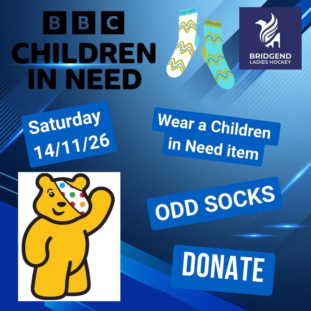 BridgendLHC's tweet photo. On Saturday, 14th November 2026 we will be supporting BBC Children in Need by wearing odd socks to our matches (one club sock and one random sock) and wearing a Children in need item. All donations welcomed 🙏🏻. Thank you so much 😊 https://t.co/9MSed5YT5b