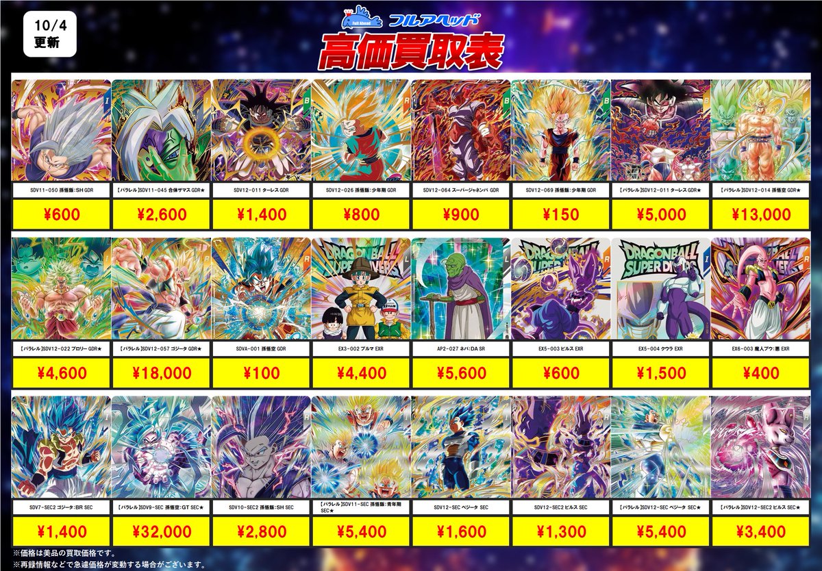 fullaheaddbsd's tweet photo. ダイバーズ買取表更新しました！

今回の強化はこちら！

是非お送りください☺️

詳細はこちらから👇
https://t.co/1ffANeSrUT
#ドラゴンボールスーパーダイバーズ
#フルアヘッド https://t.co/6GScLIgA1k