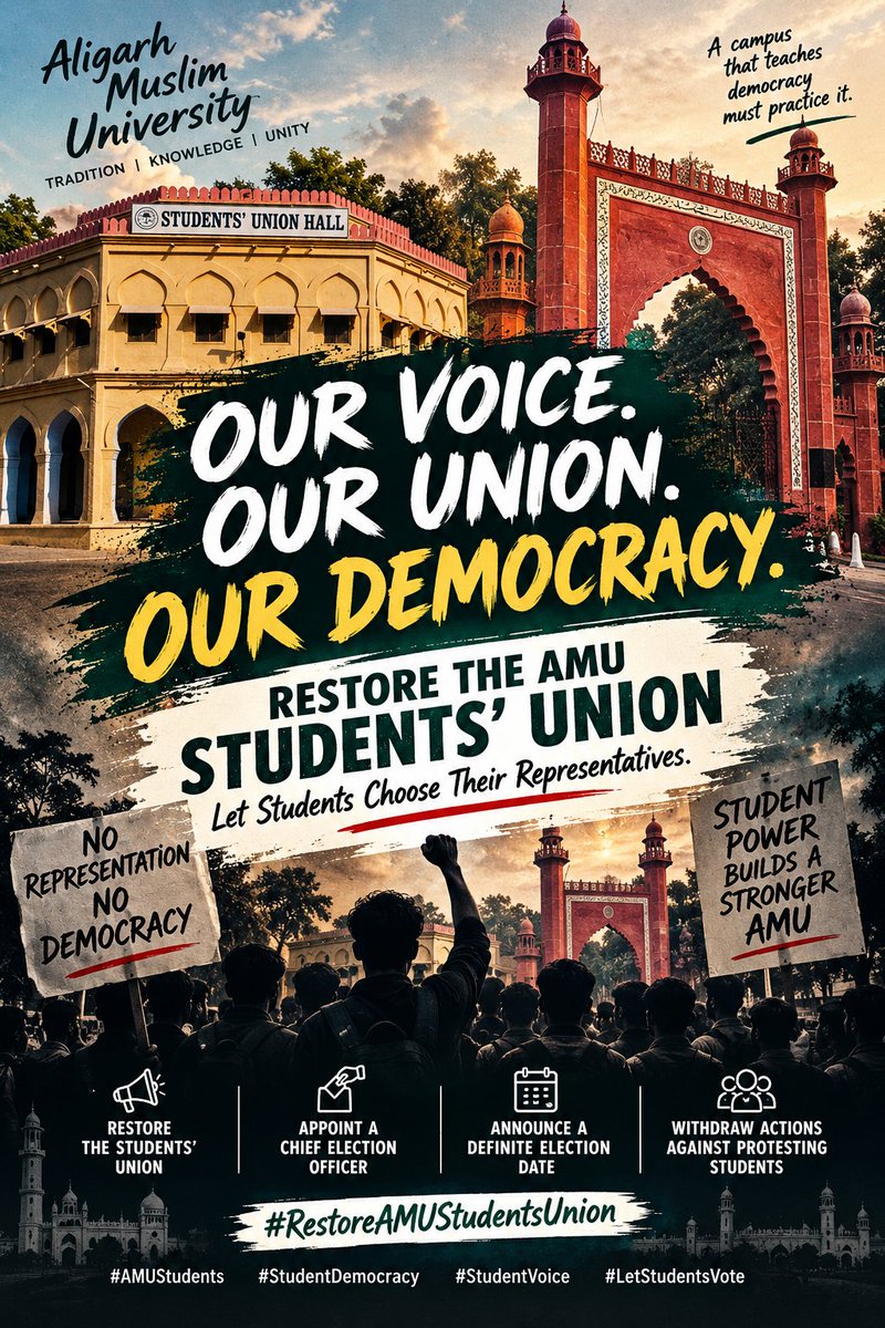 MSayfulla_'s tweet photo. Our Voice. Our Union. Our Democracy. 
A university thrives when its students have a voice.
Stand for representation. Stand for democracy. Stand with the demand to restore the AMU Students’ Union.
#RestoreAMUStudentsUnion #AMUStudents 
#StudentDemocracy 
#StudentVoice https://t.co/Uzh6INjllS
