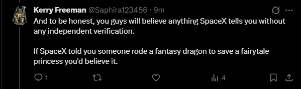 basmntguy's tweet photo. @Saphira123456 @Ruby_Claw @CobshipStarSon @jfbg_200 @Echo5550 "And to be honest, you guys will believe anything SpaceX tells you"

You're calling us gullible.

I win. https://t.co/n2CkB3JBRW