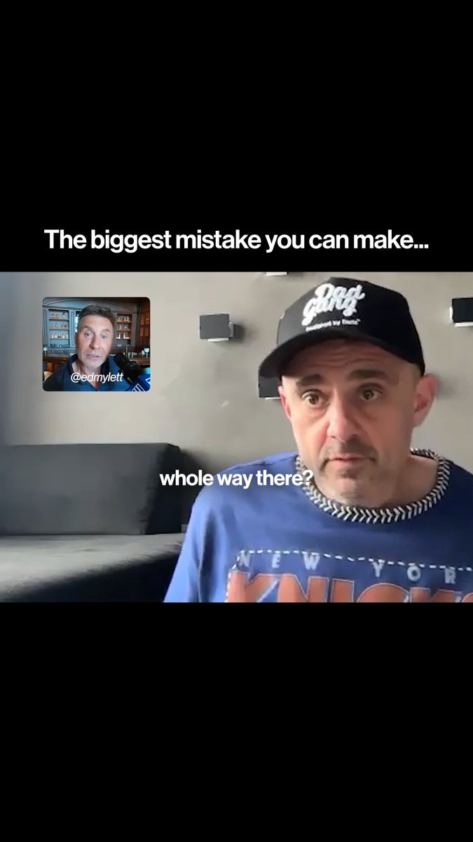 A screenshot of a video featuring a man wearing a black 'greg' cap and blue Puma sweatshirt, with a smaller picture-in-picture of Ed Mylett (@edmylett), and on-screen text reading 'The biggest mistake you can make...' and 'whole way there?'.