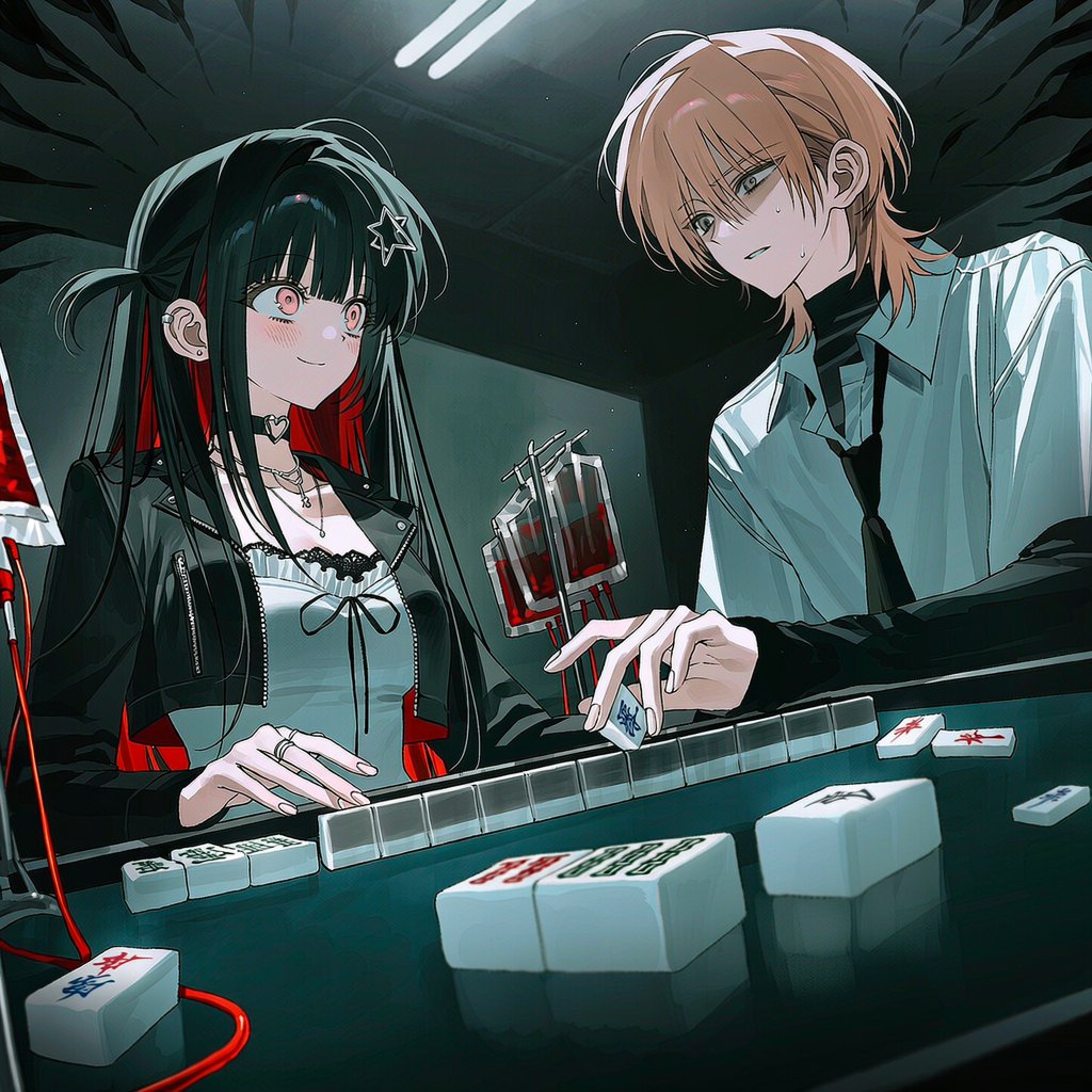 ritsu1over's tweet photo. 흡혈 마작 프롬 공유

2people, facing each other across a mahjong table, Washizu mahjong,
transparent mahjong tiles, translucent acrylic tiles, visible tile faces, mahjong wall, scattered tiles, riichi sticks, betting chips,

dark underground gambling room, black mahjong table, https://t.co/2P2msIaIUP