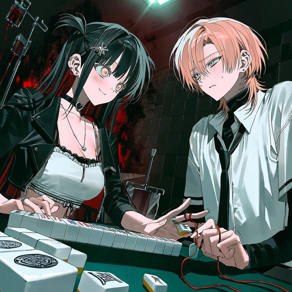 ritsu1over's tweet photo. 흡혈 마작 프롬 공유

2people, facing each other across a mahjong table, Washizu mahjong,
transparent mahjong tiles, translucent acrylic tiles, visible tile faces, mahjong wall, scattered tiles, riichi sticks, betting chips,

dark underground gambling room, black mahjong table, https://t.co/2P2msIaIUP