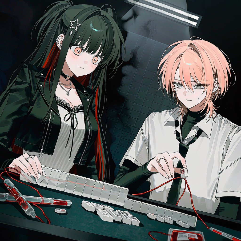 ritsu1over's tweet photo. 흡혈 마작 프롬 공유

2people, facing each other across a mahjong table, Washizu mahjong,
transparent mahjong tiles, translucent acrylic tiles, visible tile faces, mahjong wall, scattered tiles, riichi sticks, betting chips,

dark underground gambling room, black mahjong table, https://t.co/2P2msIaIUP