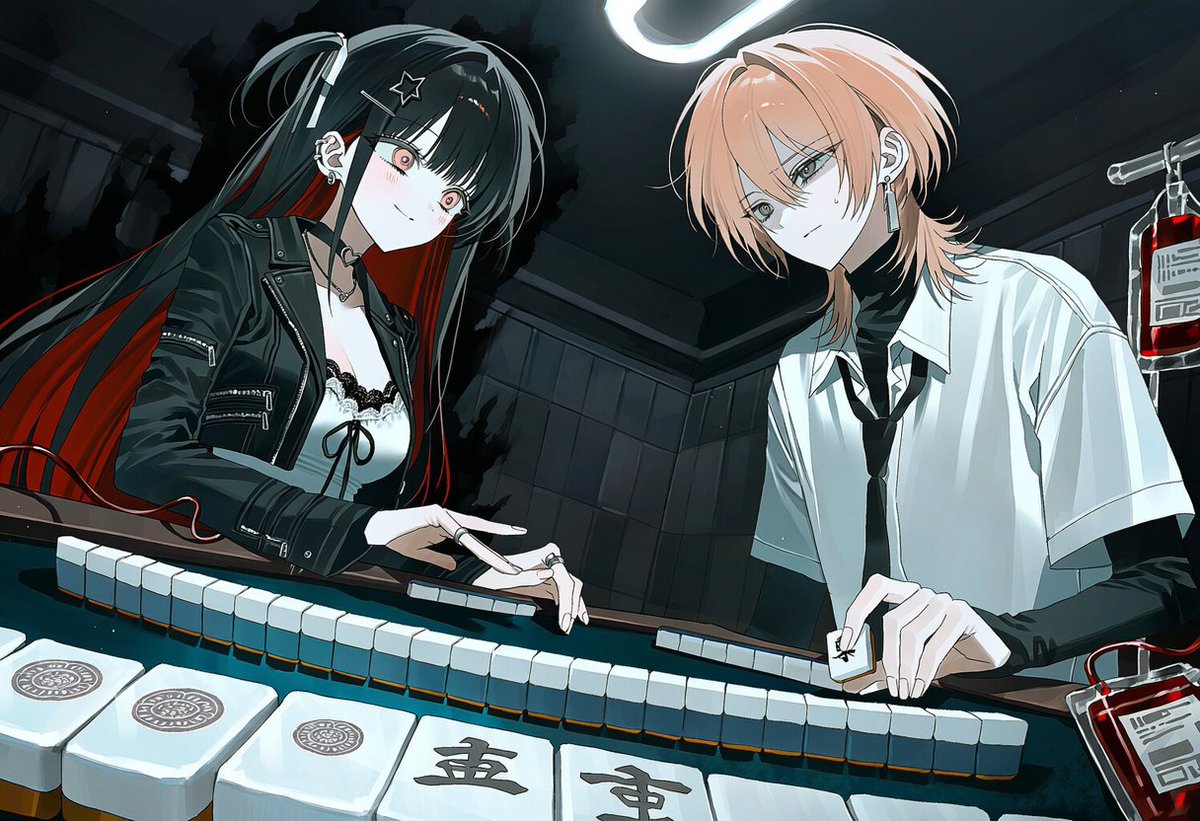 ritsu1over's tweet photo. 흡혈 마작 프롬 공유

2people, facing each other across a mahjong table, Washizu mahjong,
transparent mahjong tiles, translucent acrylic tiles, visible tile faces, mahjong wall, scattered tiles, riichi sticks, betting chips,

dark underground gambling room, black mahjong table, https://t.co/2P2msIaIUP