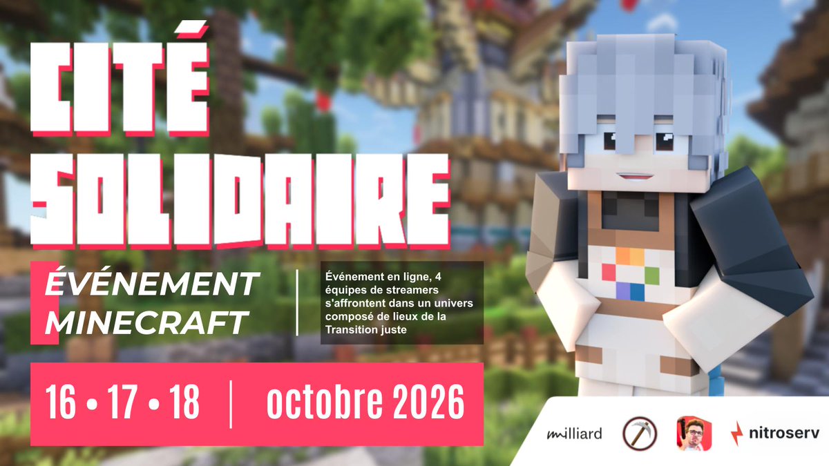 cite_solidaire's tweet photo. 🎮4 équipes. 3 jours. Une seule Cité.

La Cité Solidaire est un événement Minecraft organisé par @EndorahCreation avec @Siphano, au profit des lieux et associations soutenus par Opération Milliard

📅16-18 oct. 2026

#CiteSolidaire #Minecraft https://t.co/dIQXJLlPym