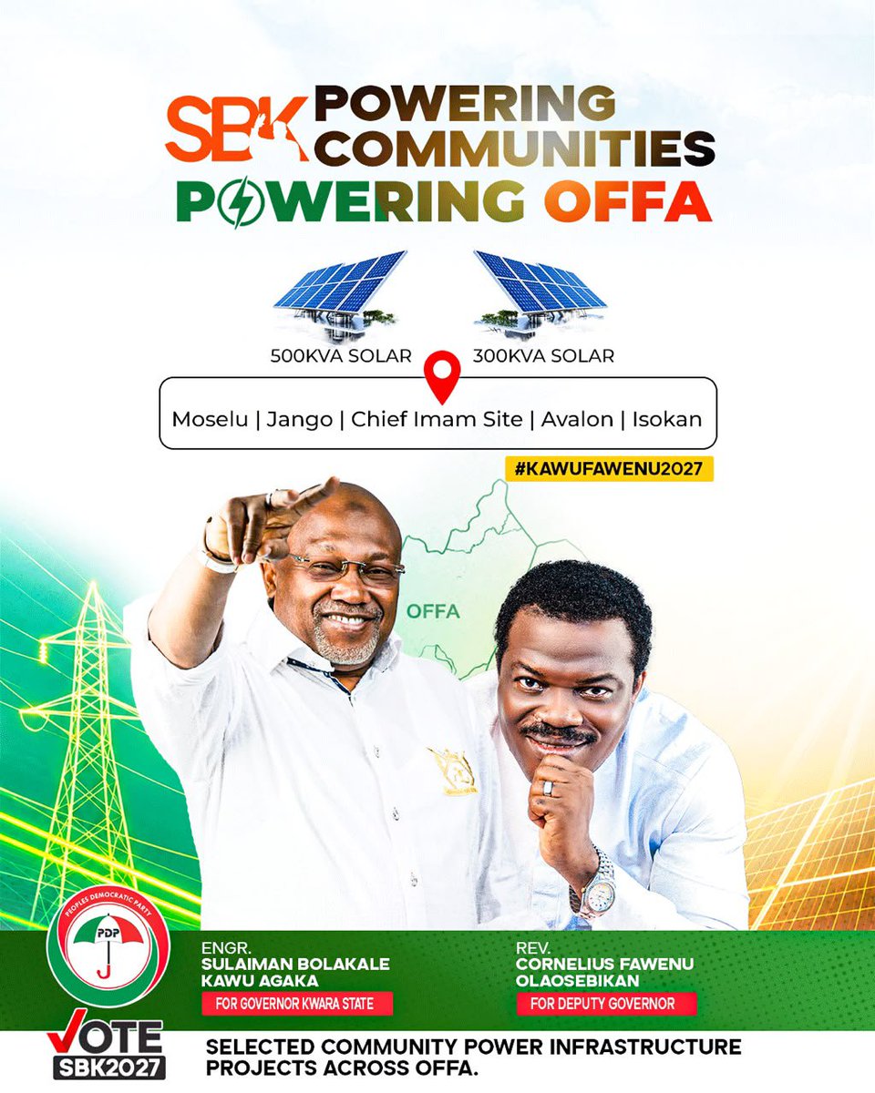 SARAKIYYAH's tweet photo. Powering communities, empowering people.
A brighter, stronger and more prosperous Offa is possible with @EngrKaleKawu and Rev. Cornelius Fawenu.
#KawuFawenu2027 #PoweringOffa #SBK2027 @saadatbibire https://t.co/MZDBcNblPs