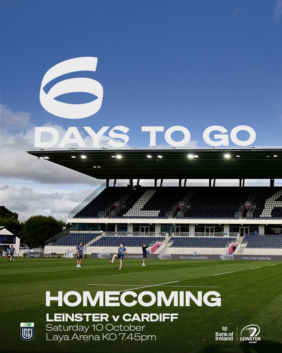 leinsterrugby's tweet photo. Just 6️⃣ days until we're finally back at Laya Arena! 🙌 

🎟️ Only a few tickets left for the homecoming game against Cardiff this Saturday: https://t.co/cOIsowKo7h https://t.co/60bm1UleNs