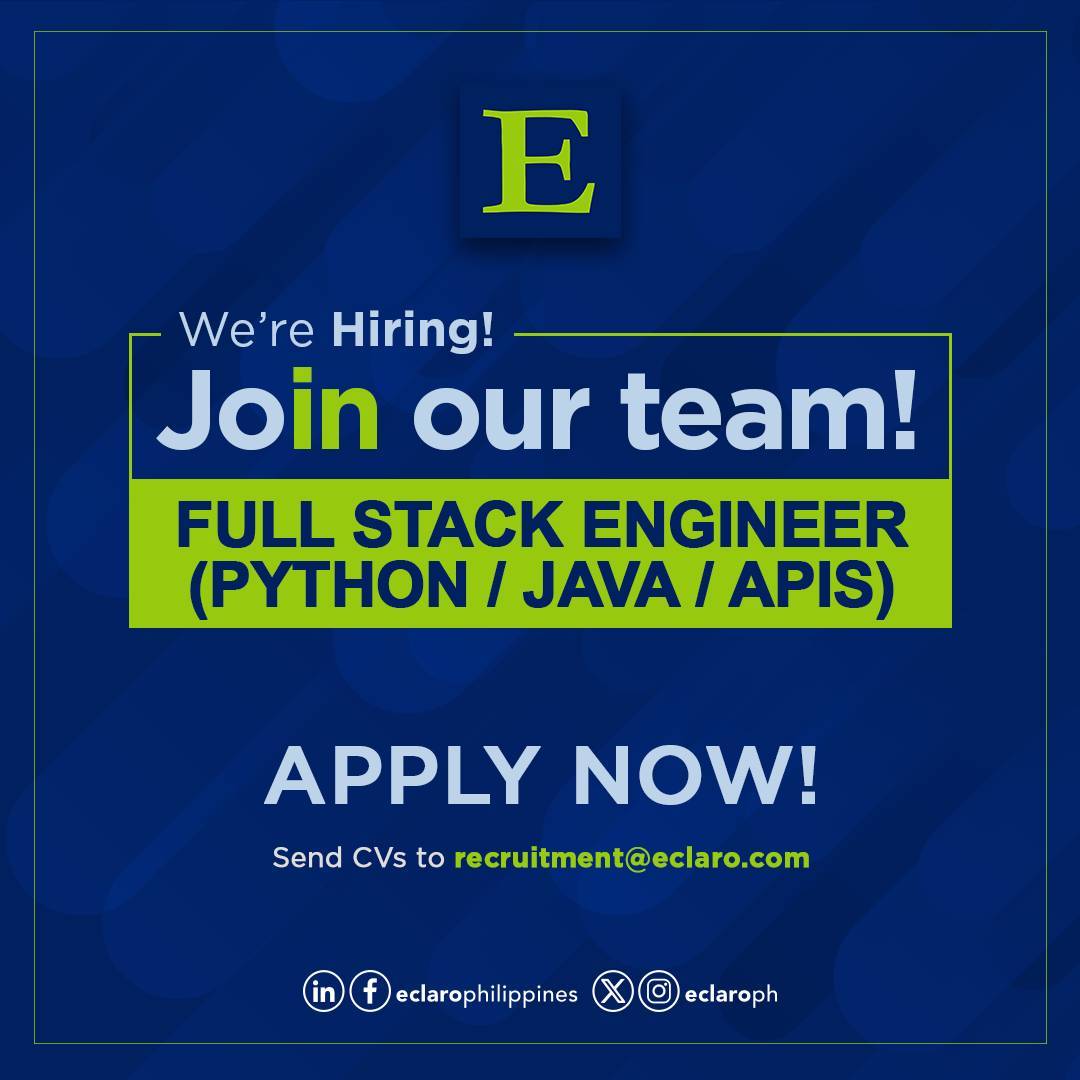 EclaroPh's tweet photo. A global client has an opening for a Full Stack Engineer to develop applications and integrations
Send your CV at recruitment@eclaro.com or apply at https://t.co/9goBcHD1Rj
Don't forget to mention where you've seen us. 😉
#ECLARO #ECLAROCareers #jobsph #fullstackengineer https://t.co/IHZMBoI1G0